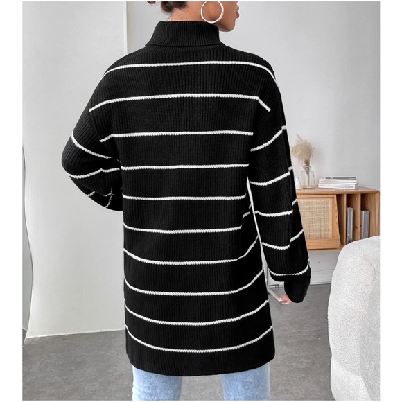 Cozy Stripes Turtleneck Slit Oversized Sweater Top - Picture 4 of 7